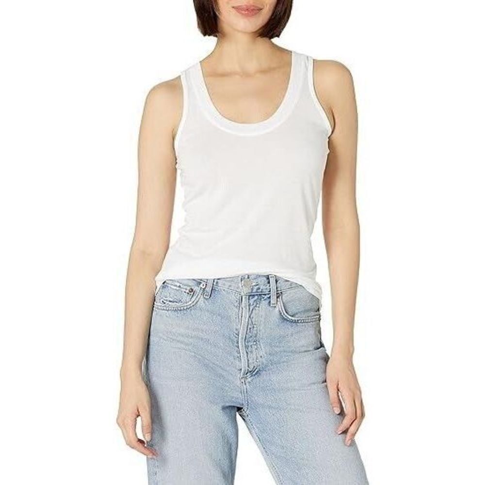 Monrow HT2176T Women's Sz XL White Ribbed Crew Neck Narrow Cotton Tank Top